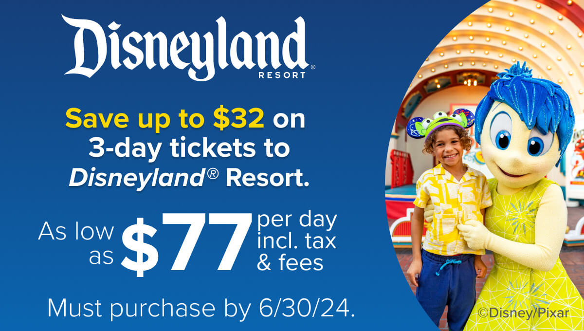 Save up to $32 on 3-day tickets to Disneyland® Resort. As low as $77 per day inlc. tax $ Fees. Must Purchase by 6/30/24.